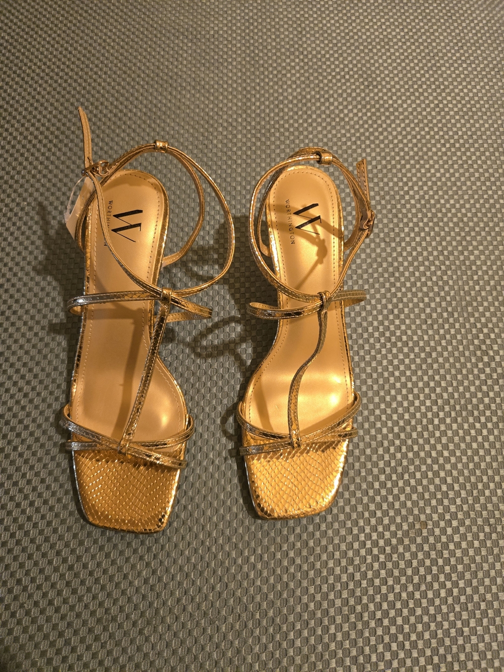 W by Worthingtin Gold Metallic Strappy Square-Toe Heels